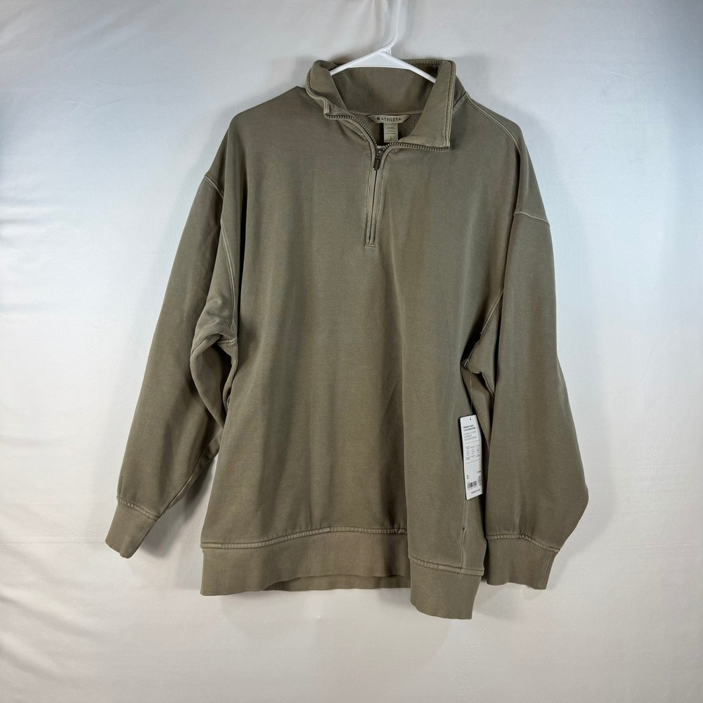 Athleta Retro Terry Quarter Zip Sweatshirt Olive Green Taupe Large NWT 531117
